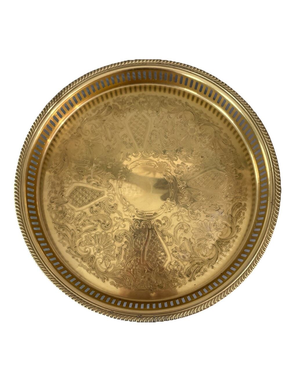 Vintage F B Rogers Collectible Beautiful Etched Tray 13" Brass Copper gold tone